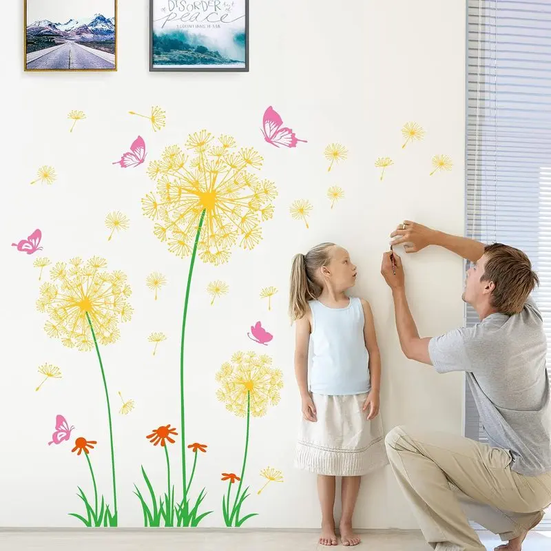 Dandelion Wall Decals Flower Decals for Walls Floral Wall Decals Flowers and Flying Butterfly Wall Stickers Murals Self-adhesive Peel and Stick Falling Dandelions Cute Wall Decor for Girls Bedroom Living Room Nursery Baby Children's