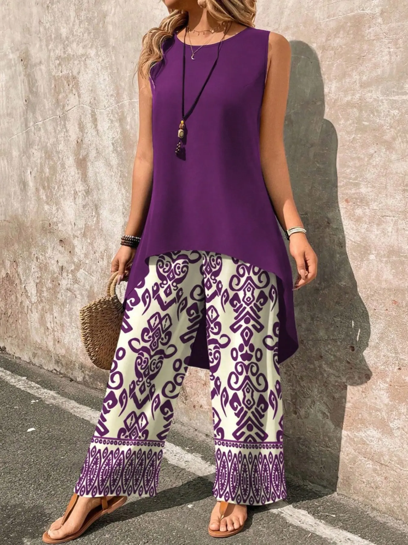 Women's Sleeveless Top & Wide Leg Pants Set, Casual Fashion Print, Chic, Comfortable Daily Wear, Stylish Women's Clothing