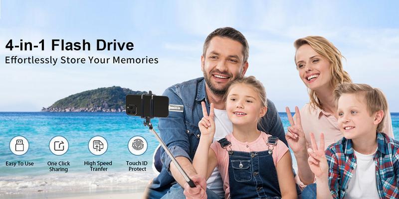 4-in-1 Flash Drive 1TB for iPhone Thumb Drive Photo Stick, High Speed USB Memory Stick iPhone Flash Drive for Photos Videos, External Storage Jump Drive for iPhone/iPad/Android/PC
