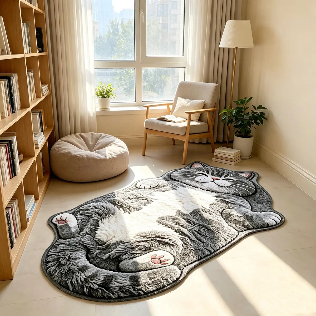 1PC Thin Flannel Cute Grey Cat Shaped Rug, Short Plush No Long Pile Creative Lying Cat Floor Mat, Soft Washable (Hand Wash Only) Fluffy Carpet for Bedroom Bedside Window Sill Entryway Hallway Balcony, Healing Pet Style Living Room Home Decor Rug