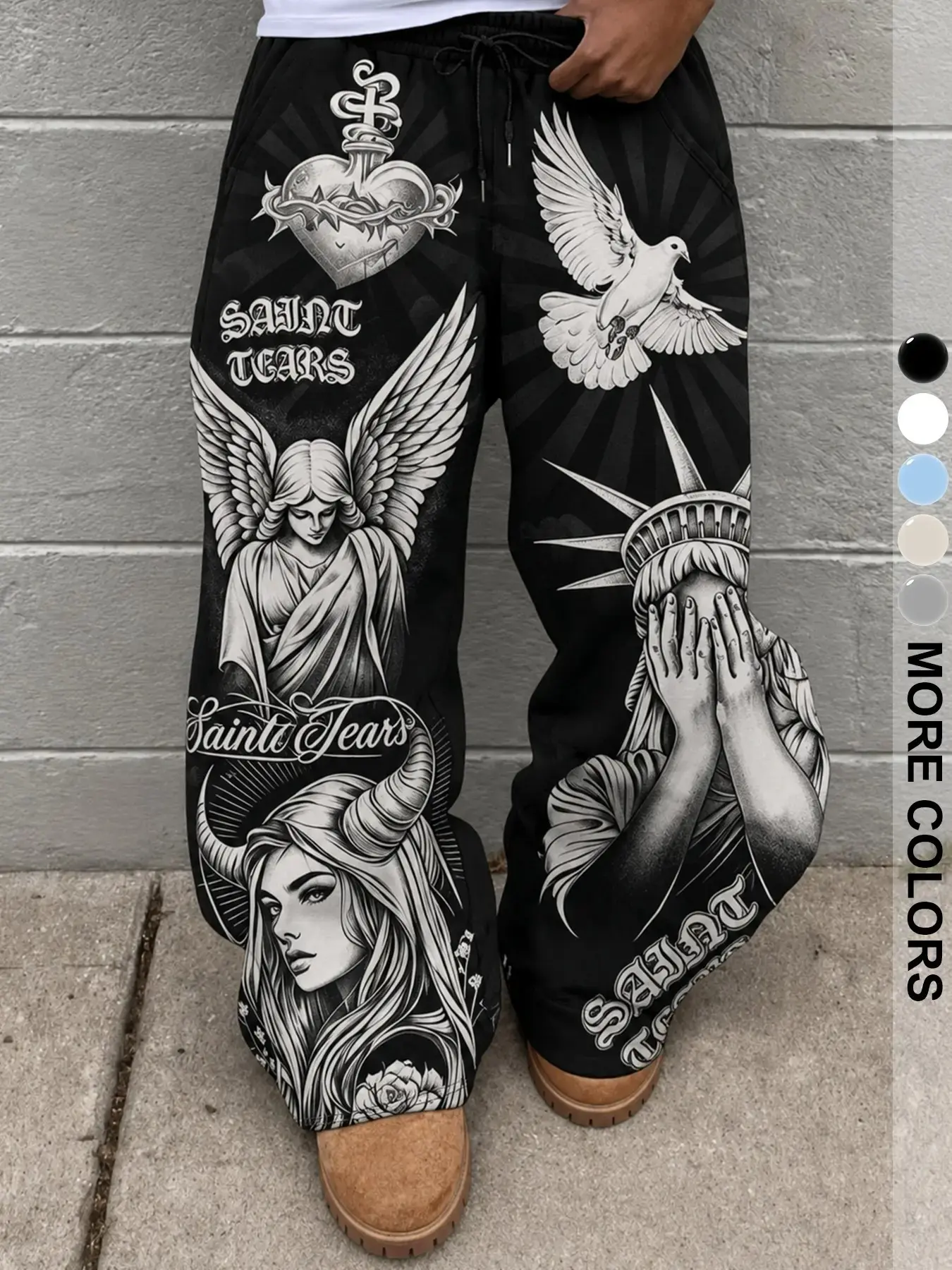 Men's Street Style Sweatpants, Loose-Fitting Print Design, Drawstring Waist, All-Seasons Casual Long Pants, Unlined Comfortable Fit