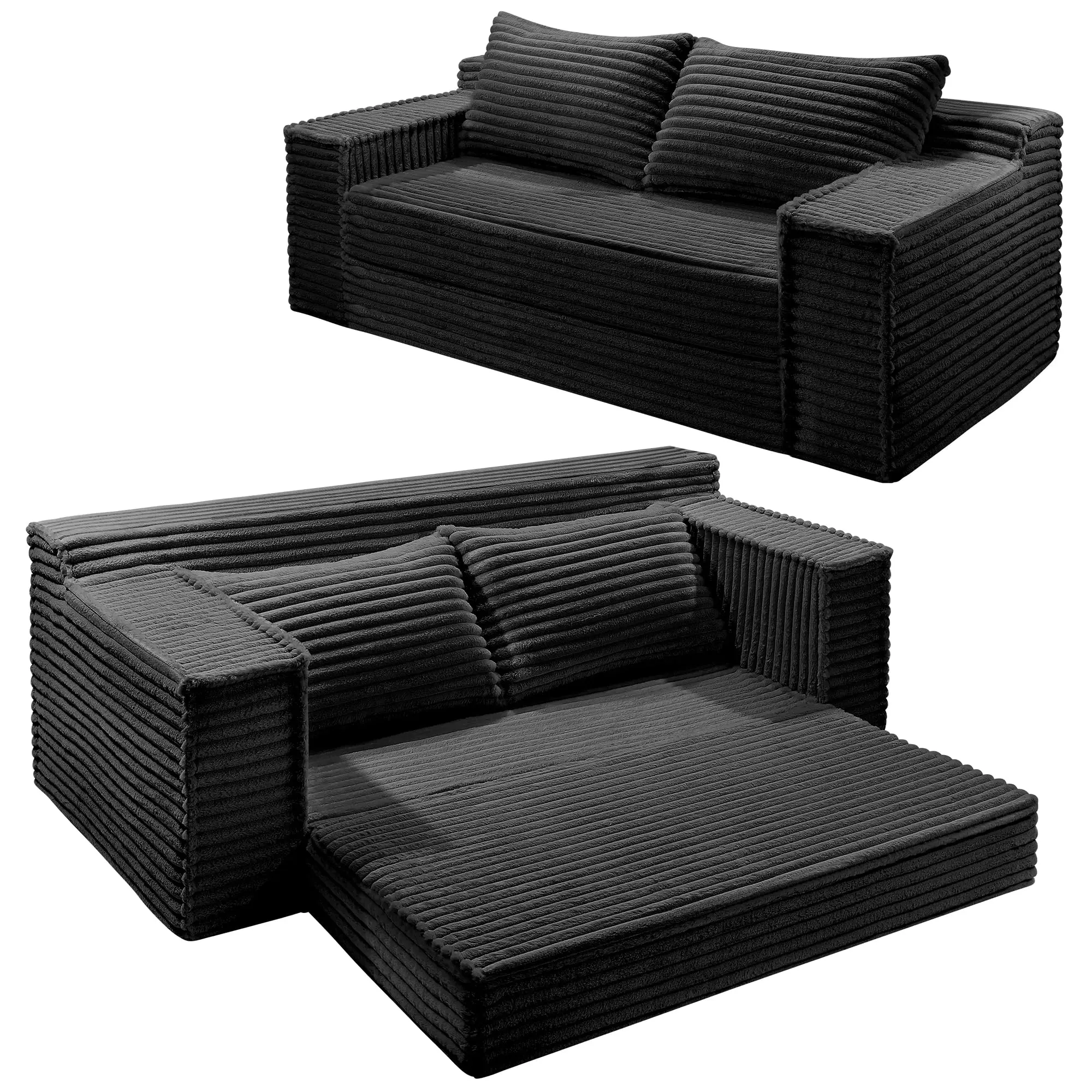 75" Gray Corduroy Boneless Convertible Sofa Bed with 2 Pillows - Pull-Out Couch, Rectangular Loveseat Sleeper, No-Assembly Folding Futon for Small Spaces
