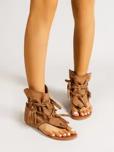 Open-Toe Adjustable Sandals for Women, European and American Vintage Retro Flat Sandals, Fringe Hollow Out Toe Sandals, Large Size Female Shoes, Summer