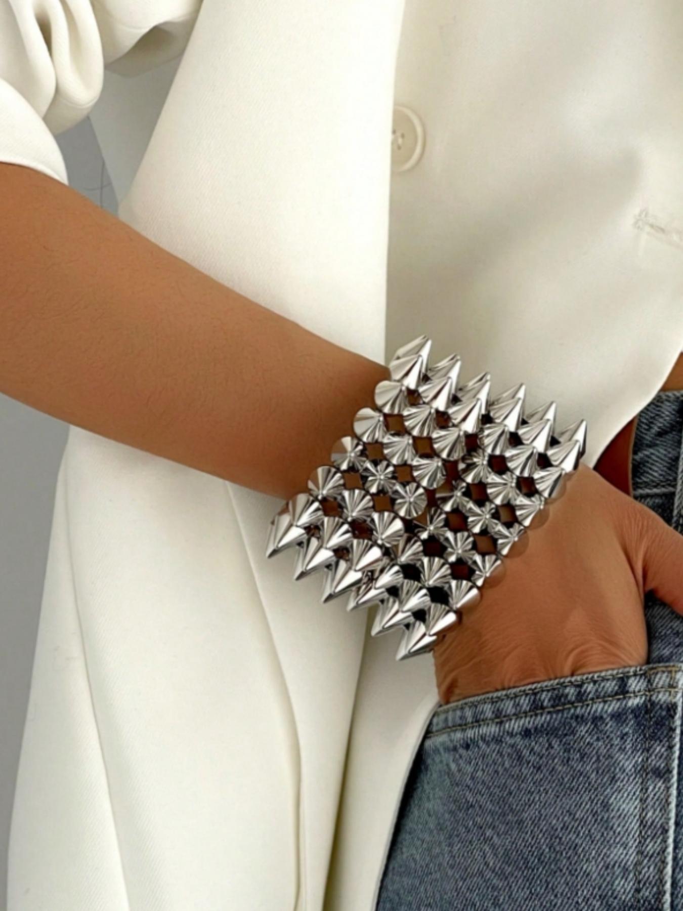 2pcs Punk Style Rivet Spikes Bracelet Set, Unisex Silver Color Edgy Design, Perfect for Daily Wear, Parties & Festivals, Trendy Jewellery Accessories