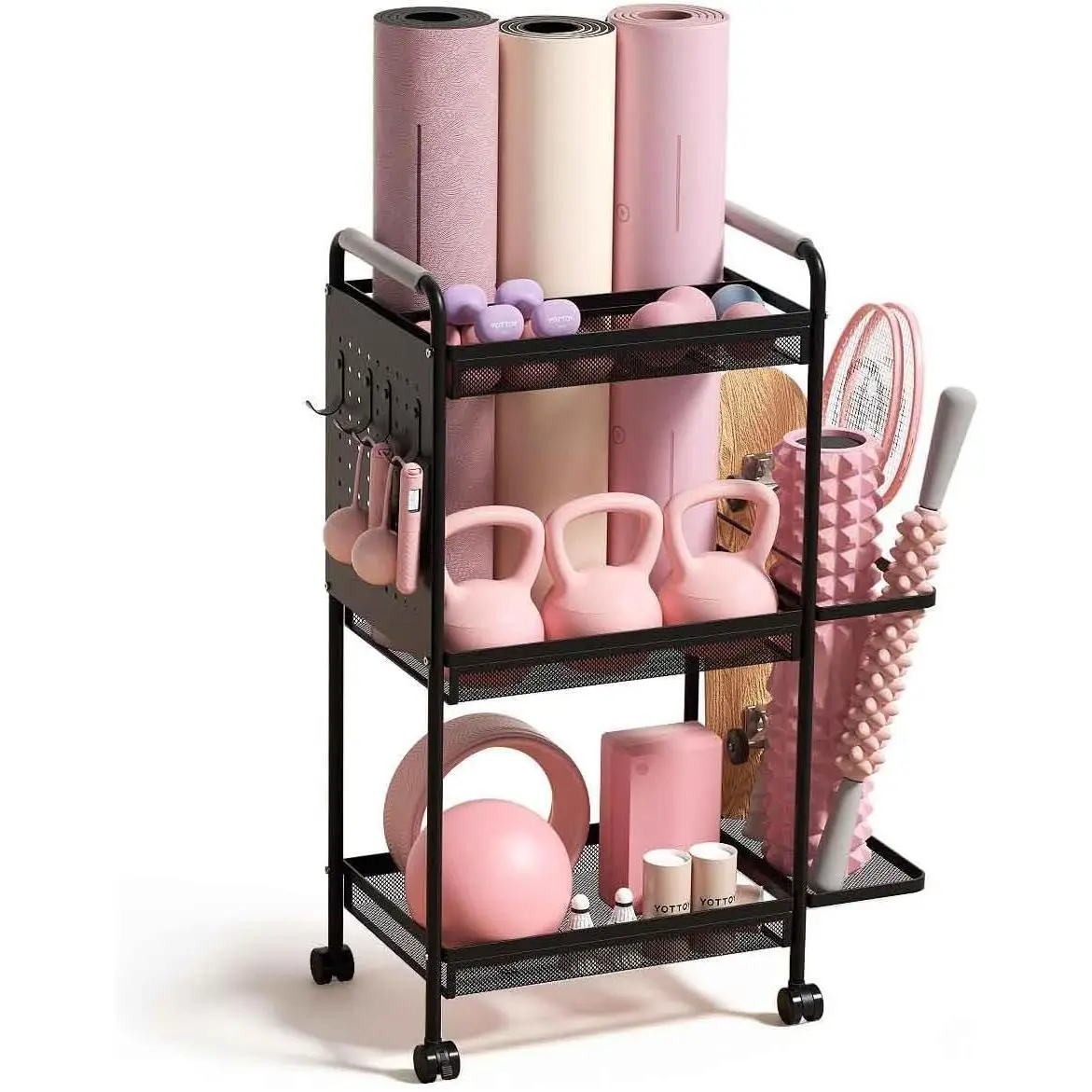 3-Tier Gym Storage Rack for  Gym–Multi-Functional Weight Rack, Dumbbell Rack, Yoga Mat Holder with Side Basket & 6 Hooks, Gym Equipment Organizer