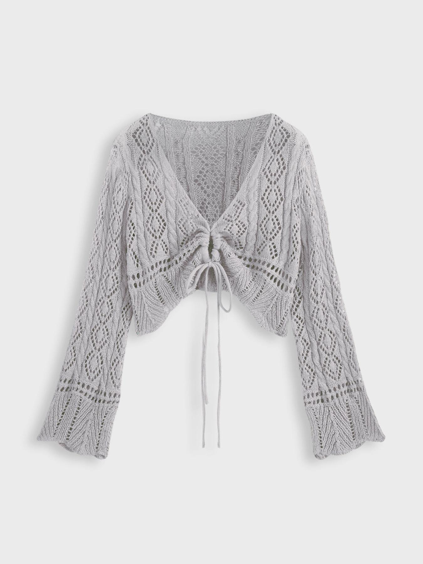 【Plus Size】 Hollow Out Drawstring Sheer Cardigan, Casual Flounce Sleeve V Neck Knitwear Top for Spring & Fall, Women's Plus Clothing for Daily Wear