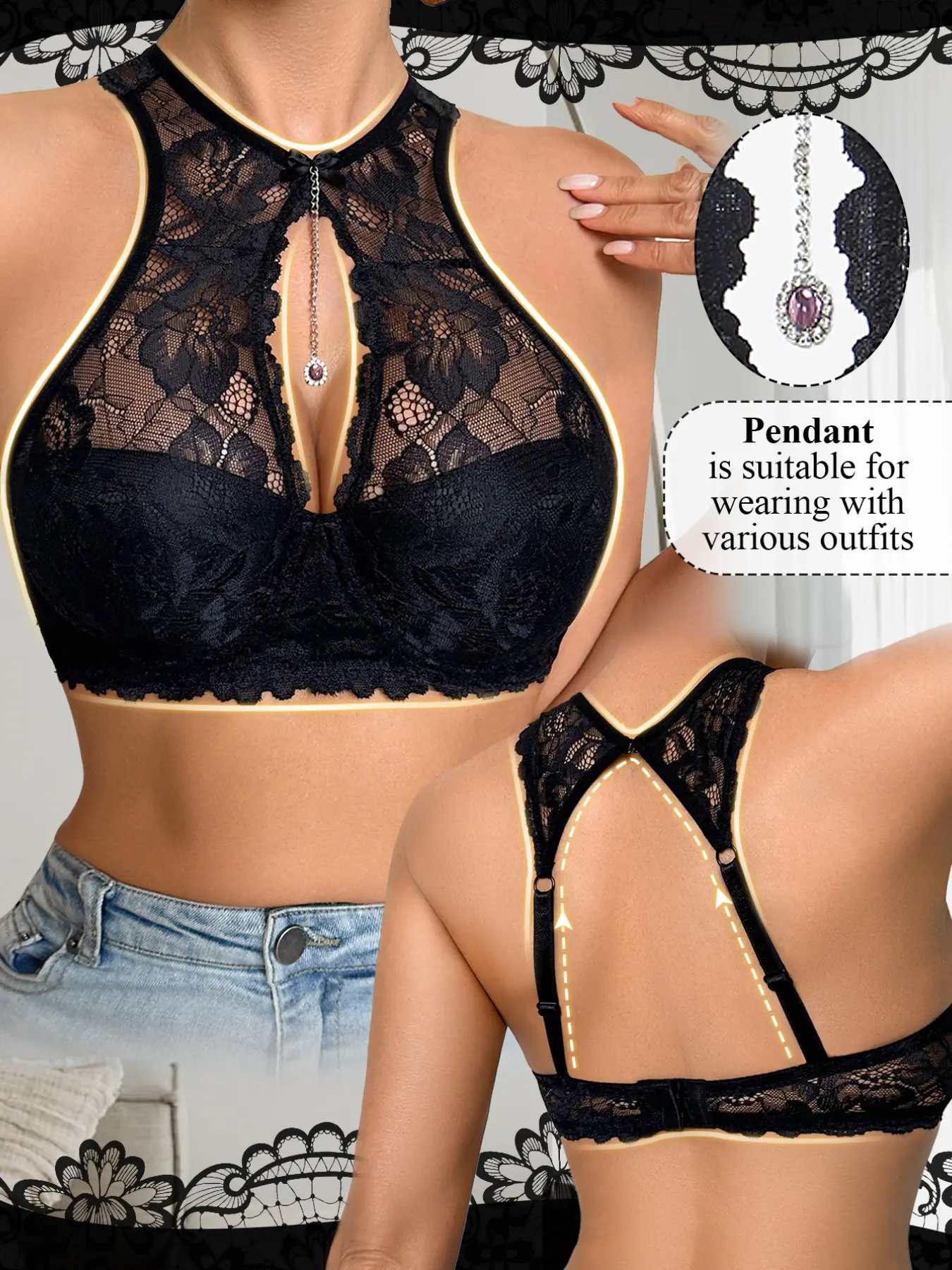 Women Halter Neck Embroidery Lace Rhinestone Pendant Hollow Back Bra, Underwire Push-Up Adjustable Bras, Side Support Anti-Sagging, Fit Dates, Party, Shopping, All Day & All Seasons