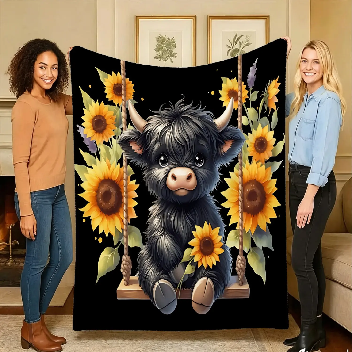 Soft Flannel Throw Blanket, Cute Swing Highland Cow & Sunflower Print Plush Blanket, Black Background Rustic Farm Animal Cozy Cover, Multipurpose Blanket for Sofa, Bed, Chaise Lounge & Indoor Camping Home Decor