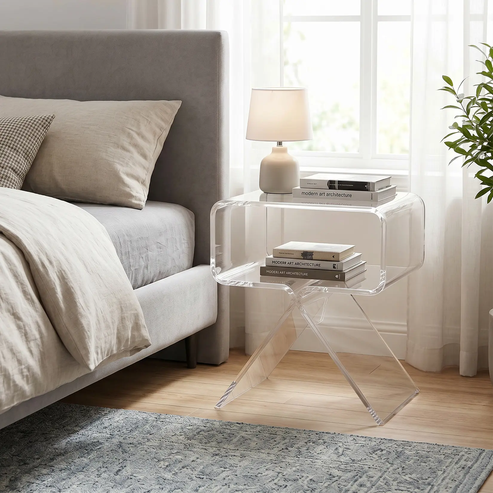 1PC Clear Acrylic Side Table, One-Piece Molding Unique Nightstand, 15.35"×11.81" Short Bed Side Table with Storage Compartment, Modern Transparent End Table  for Small Spaces Living Room Bedroom Balcony Transparent