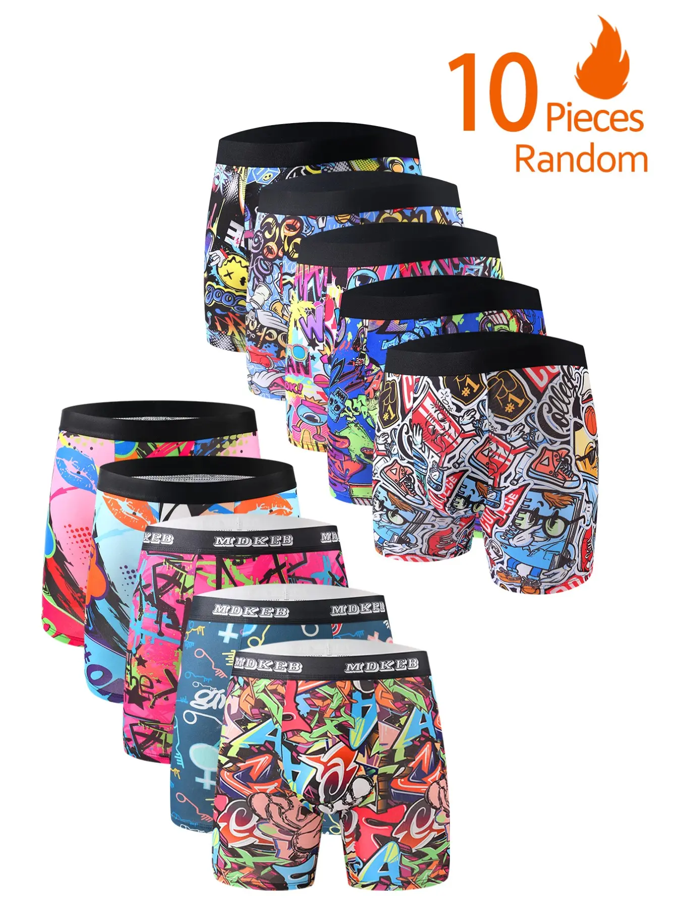 10 Pcs Men's Fashion Graffiti Geometric Print Pattern Boxers, Boxer Waist, Breathable High Elastic Long Boxers, Sports Trunks, Boxing Shorts, Novel High Stretch Underwear