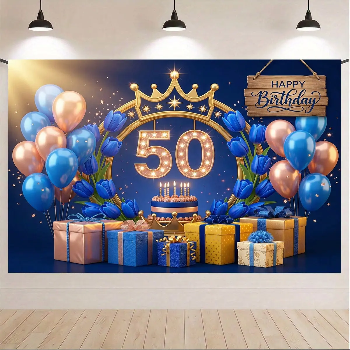 Royal Blue Gold 50th Birthday Polyester Tapestry - Lightweight, HD Print Blue Gold Design Wall Hanging, Crown Tulip Luxury Decor for Wedding/Anniversary Indoor Outdoor Photography Backdrop