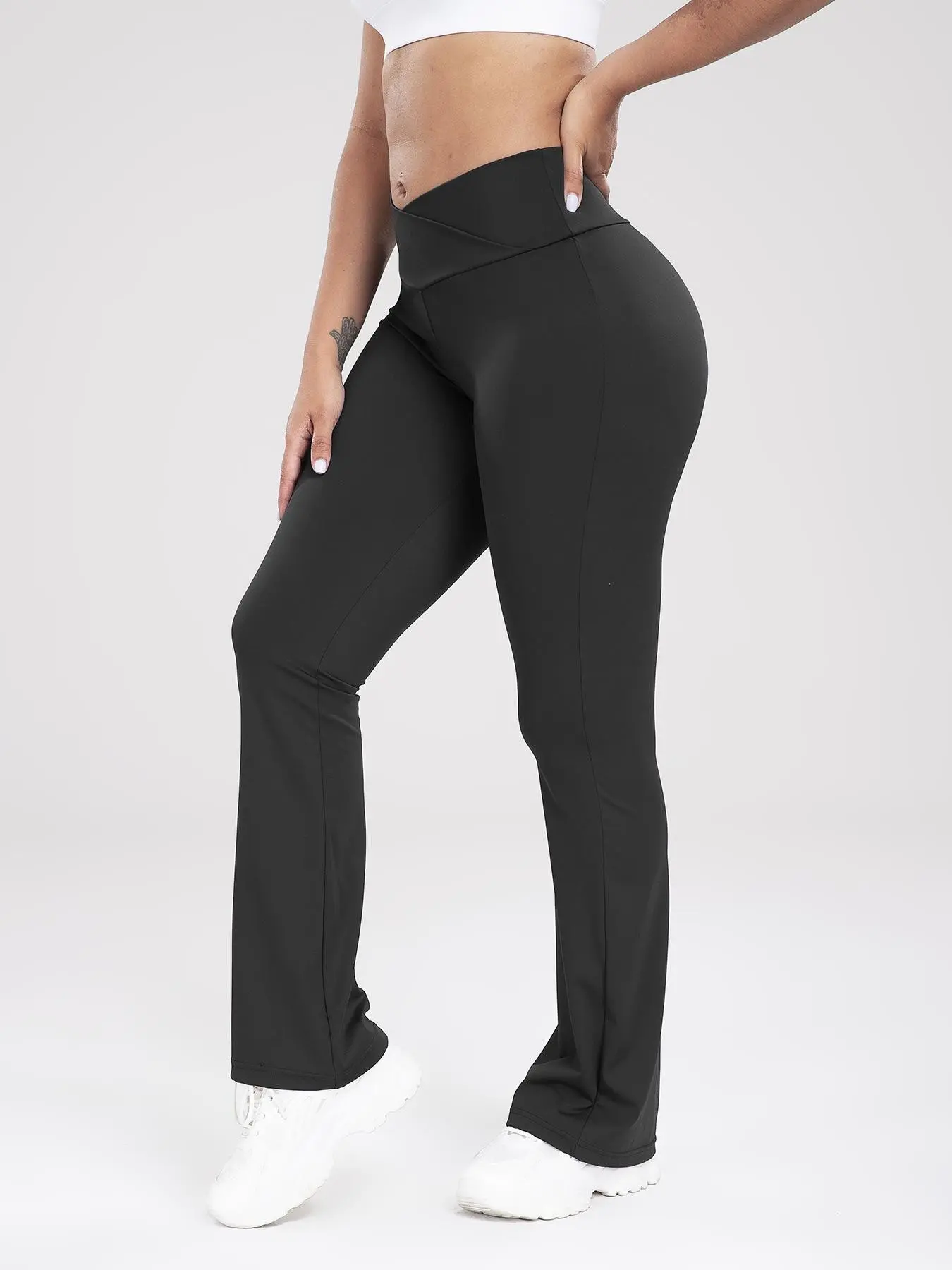 Qfen Sport Women's Bell Bottom Joggers, Yoga Sports Trousers, High Waist, Pocket Design, Tummy Control, Breathable Elastic, Asymmetrical Style, Breathable Athleisure Bottoms, Perfect for Fitness & Casual Wear