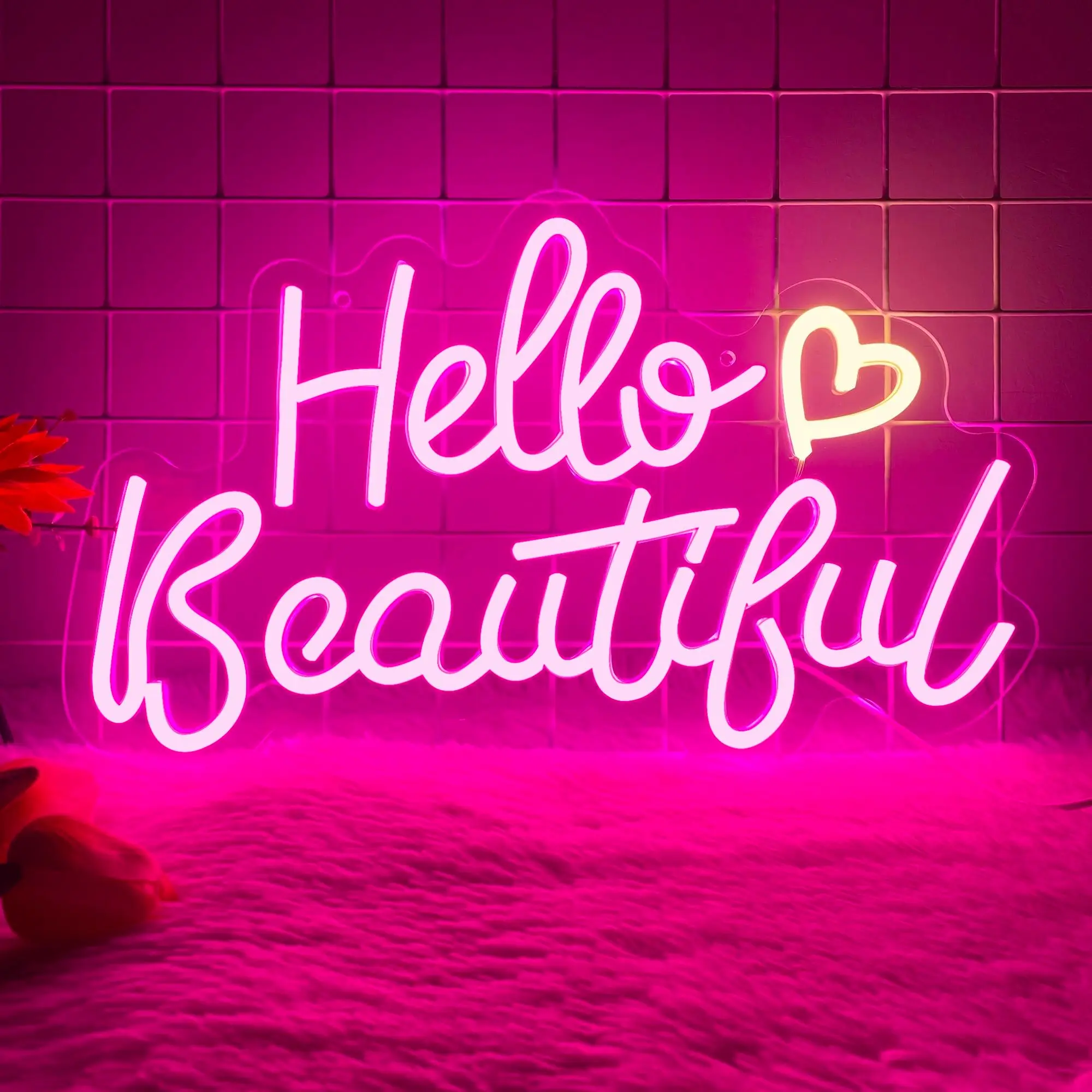 "Hello Beautiful" decorative neon indoor wall light with a romantic vibe; creative USB-powered LED wall art; decorative dimming lights; perfect for weddings, proms, bars, "she-sheds," and birthday parties.