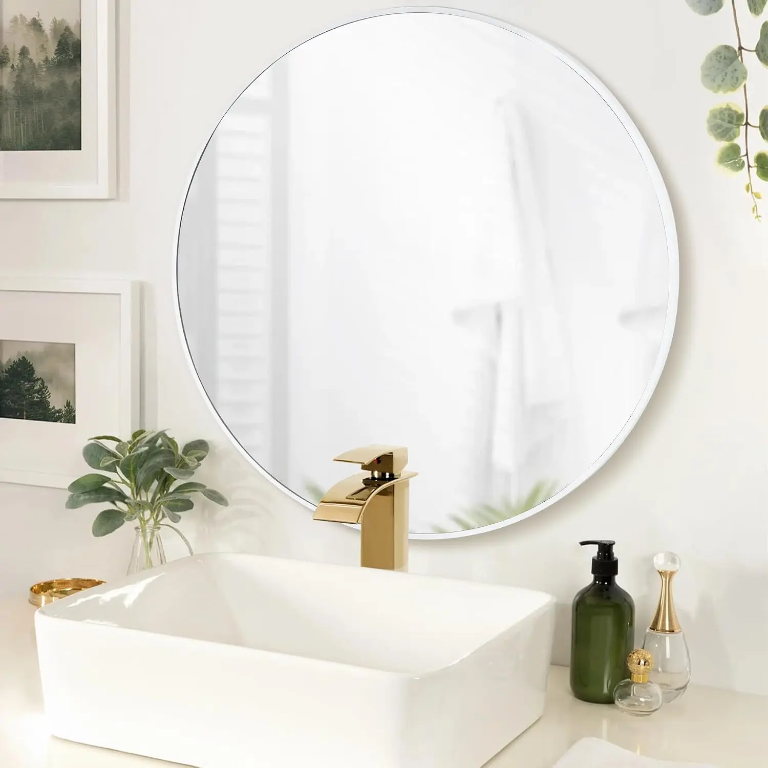 Round White Bathroom 24 Inch Mirror,Circle Wall Modern Mirror for Bedroom |   Tempered Glass Mirrors for Entryway or Living Room