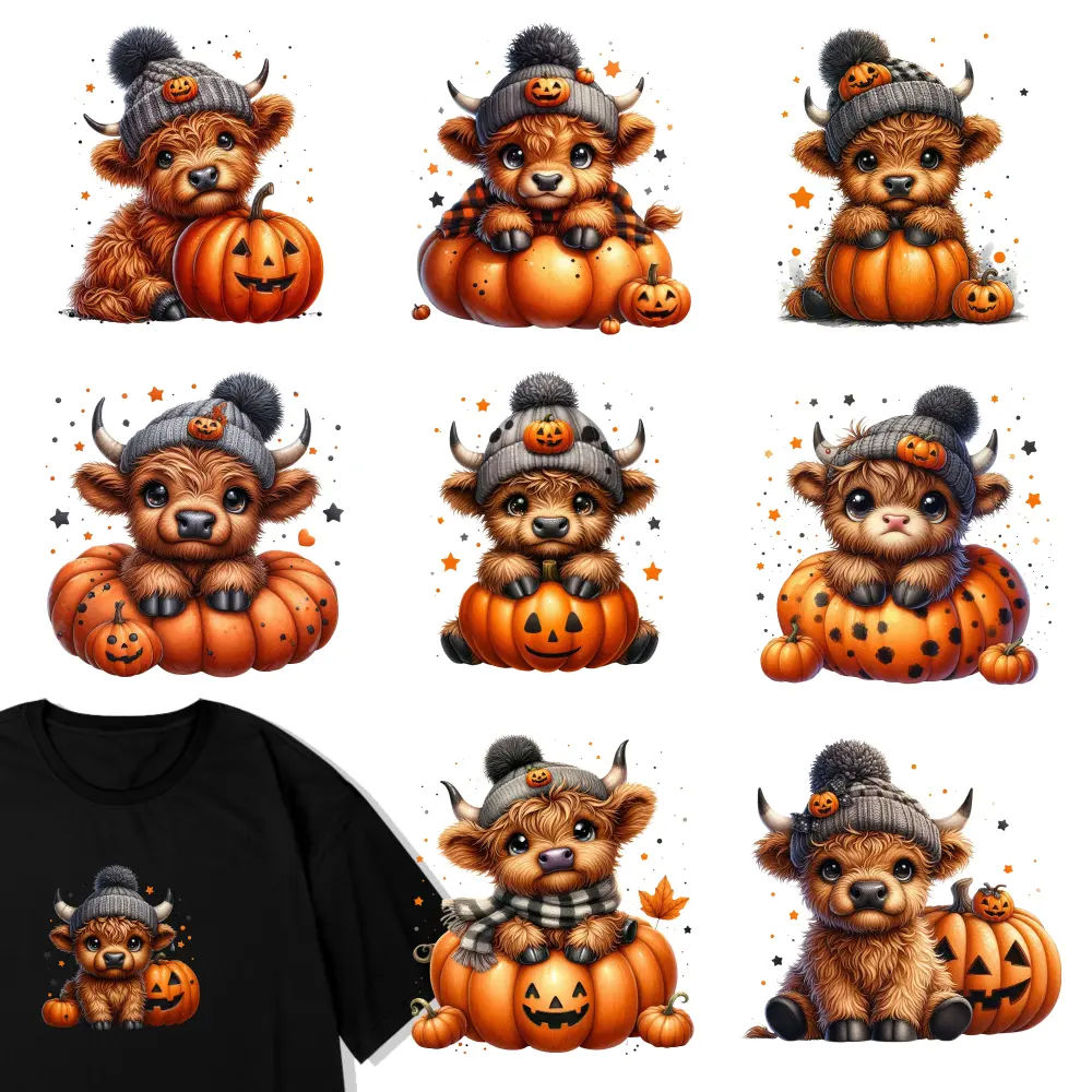 9 Pcs Pumpkin Calf Iron on Transfers Press Washable Stickers Transfers Sticker On Clothes Easy to heat press decals Washable heat transfer stickers for clothing, T-shirts, jeans, backpacks, hats, pillows. iron on decals