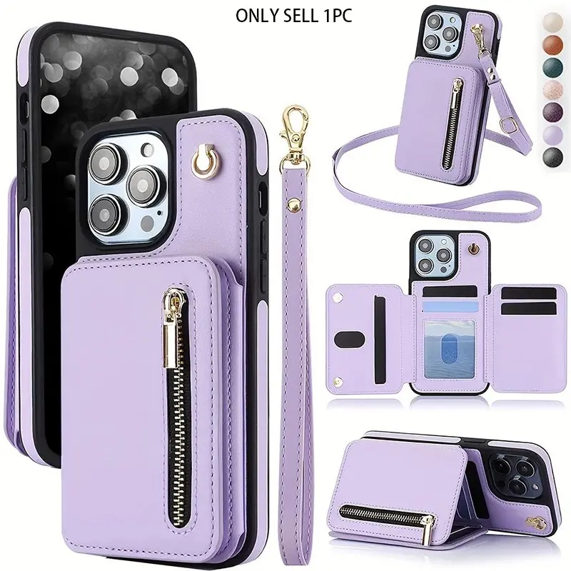 Zipper wallet with wristband for iphone case, Crossbody Faux Leather Back Case for iPhone 17 16E 16 15 14 13 12 Mini 11 Pro X XS Max Plus 5G Zipper Lanyard Wallet Card Slot Magnetic Stand Phone Cover, Smartphone Cover