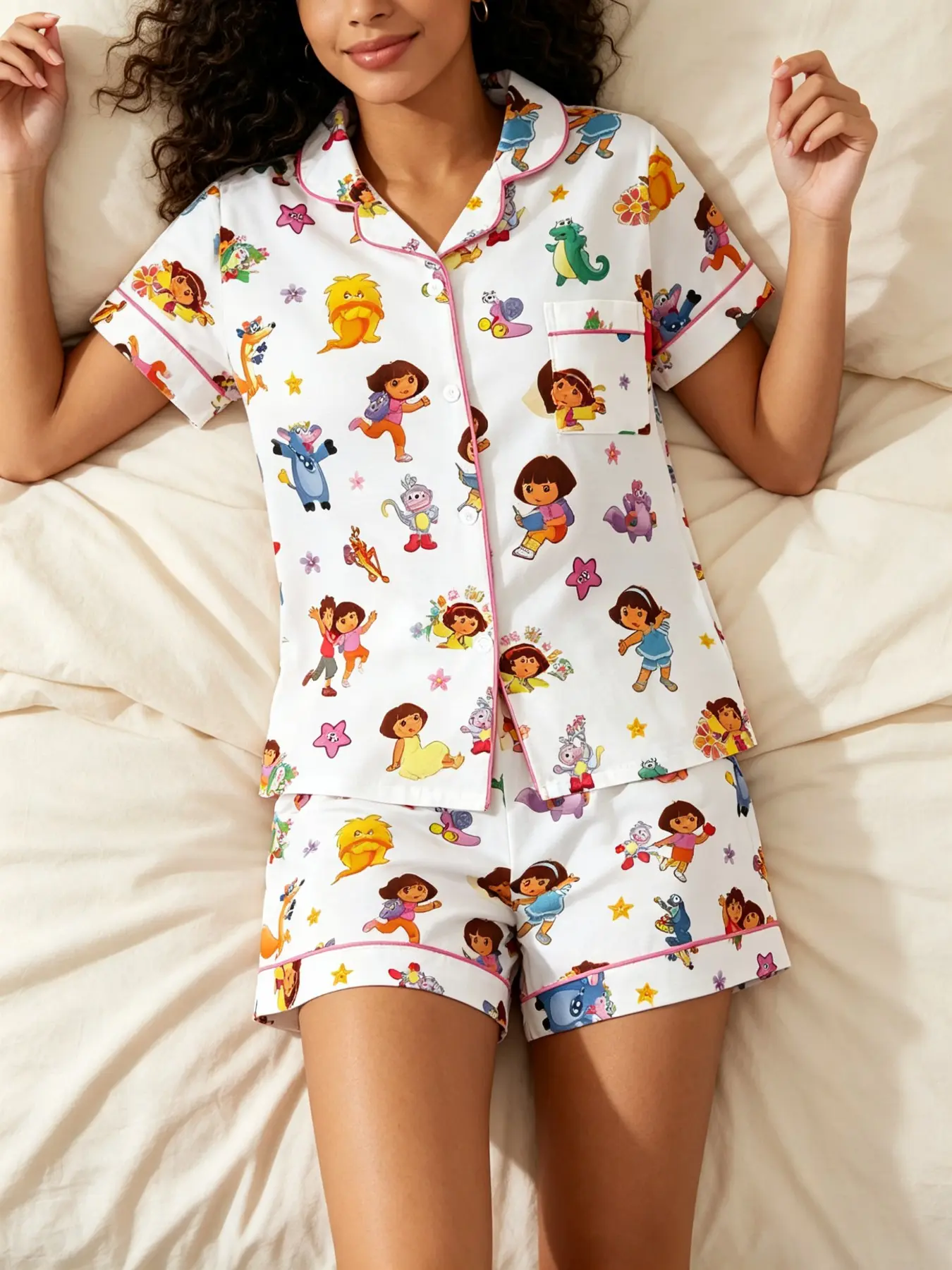 Cute Cartoon Women's Pajama Set, Trim Collar Short Sleeve Shorts Two Piece, Full Print Girl Jungle Animal Soft Sleepwear Loungewear Pjs Pyjamas Pj Sets Homewear