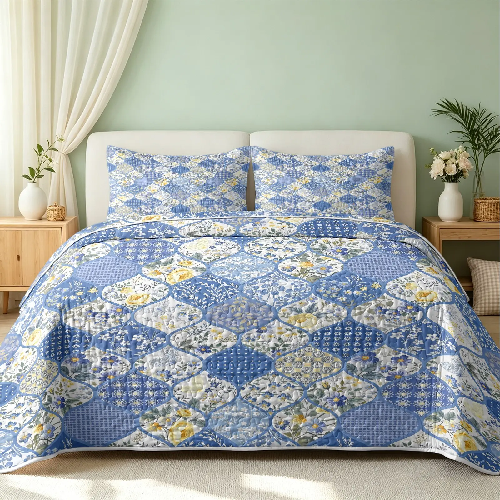 3Pcs Blue Patchwork Floral Butterfly Quilt Set, Bedspread Set Includes 1 Quilt and 2 Pillowcases Geometric Patchwork Grid With Yellow Blue Roses And Butterflies Print Moroccan Country Style Reversible Lightweight Bedding No Inner Filling All Season Gift