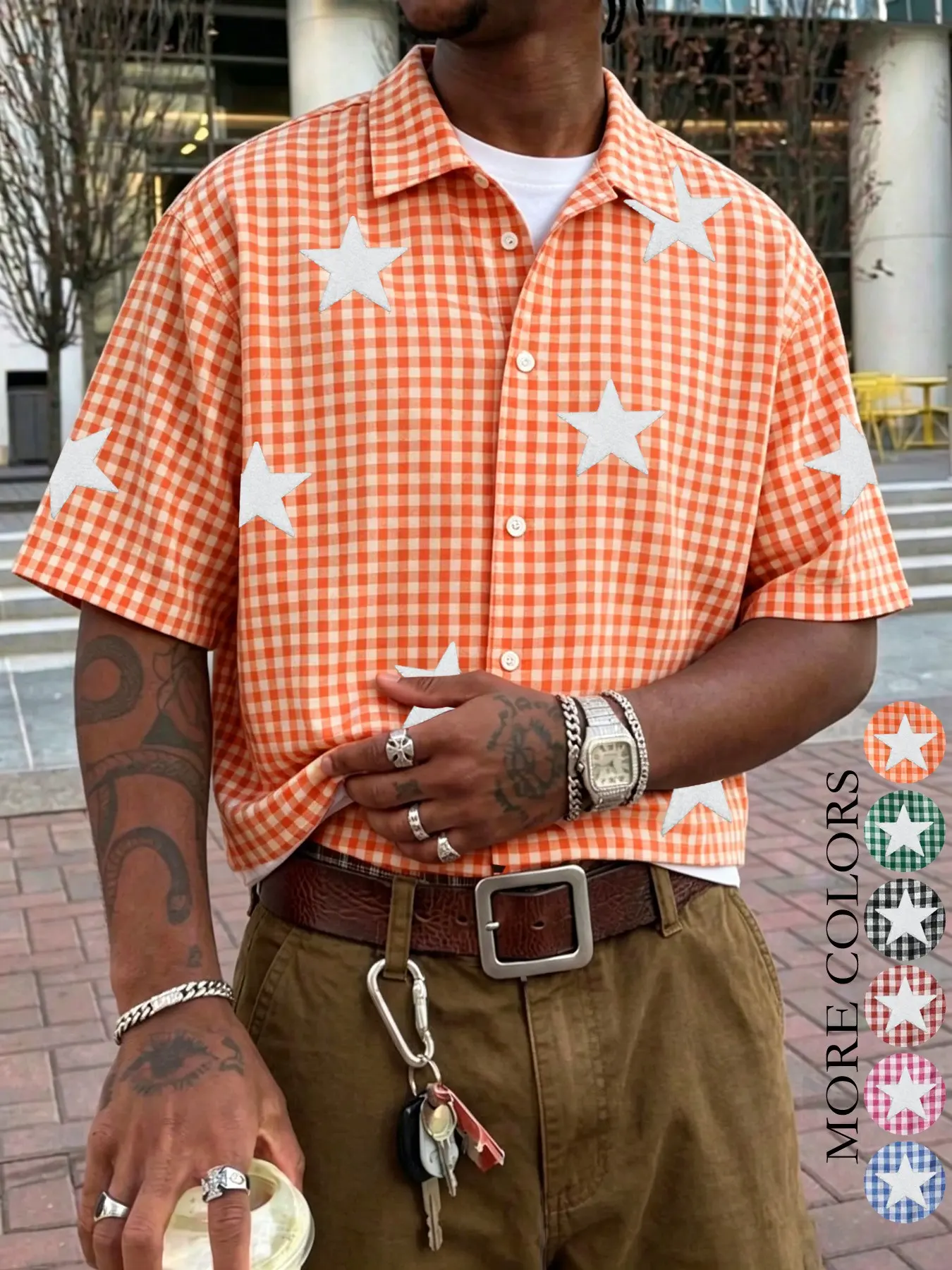 Unisex Plaid Star Embroidered Print Short Sleeve Casual Trendy Shirt, Y2K Streetwear Style Loose Fit Oversized Polo Collar Top, Summer Beach & Back-To-School Wear