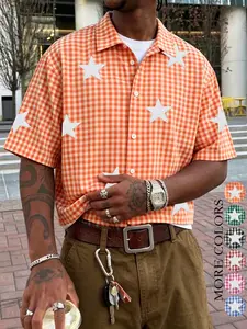 Unisex Plaid Star Embroidered Short Sleeve Shirt, Y2K Street Style Loose Fit Collar Top, Summer Beach & Back-To-School Wear