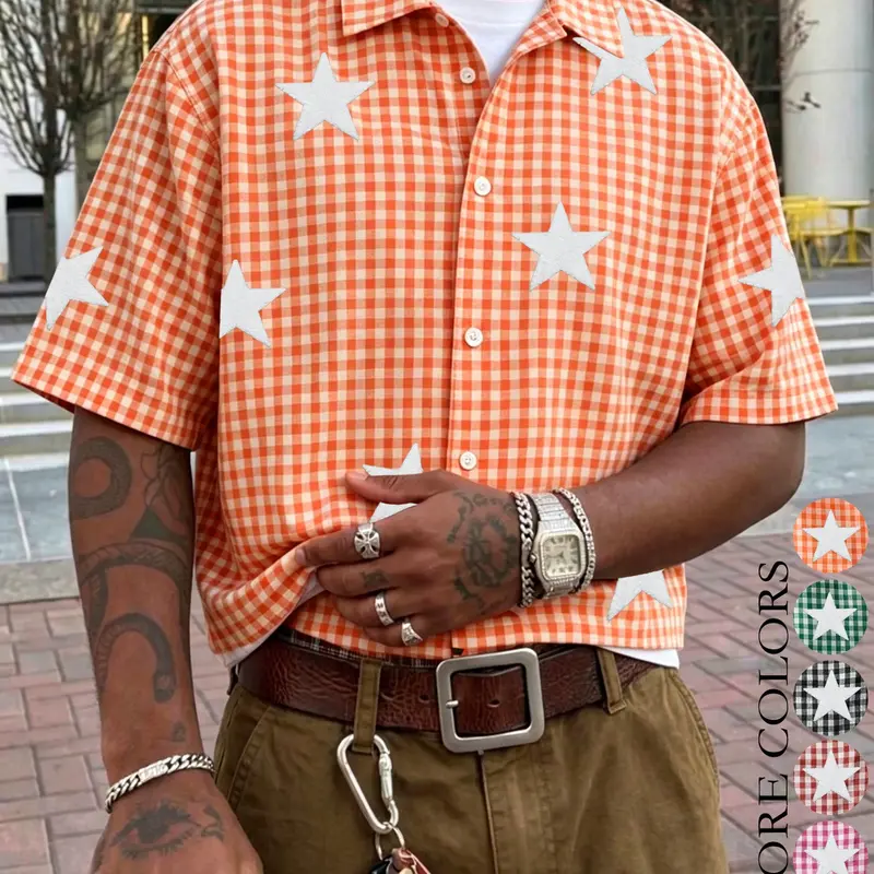 Unisex Plaid Star Embroidered Print Short Sleeve Casual Trendy Shirt, Y2K Streetwear Style Loose Fit Oversized Polo Collar Top, Summer Beach & Back-To-School Wear, Casual Streetwear Clothes