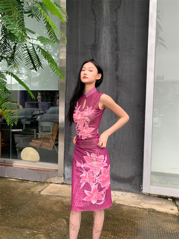 New Chinese-style lily pattern reversible cheongsam top + new Chinese-style lily pattern reversible one-piece skirt