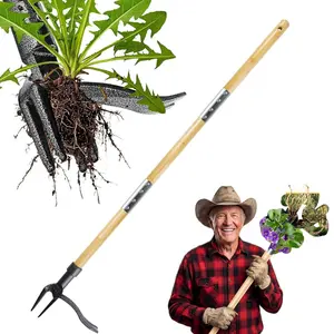 Grandpa's Weeder Tool, Standing Weed Remover with Long Handle, Genuine Bamboo and 4-Prong Steel Head Design, Easy Grass Removal Without Bending