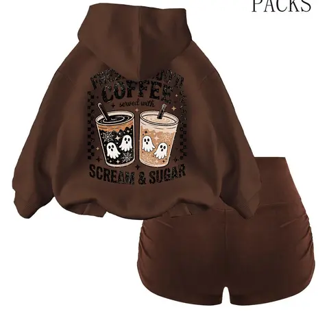 Halloween Ghost Coffee Print Hoodie Set, Soft Fabric Loose Fit Drawstring Sweatshirt & High-Waisted Shorts