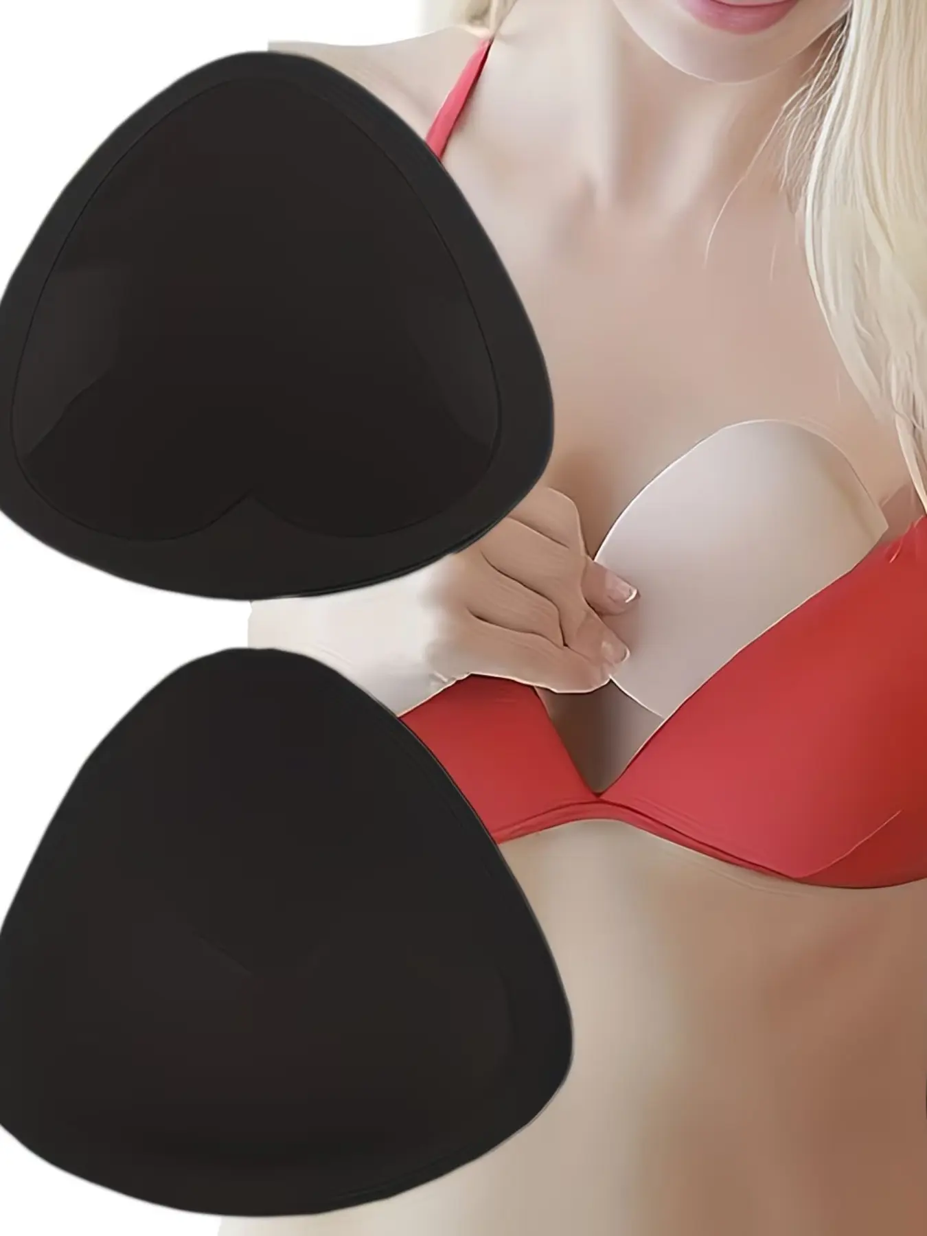 A pair of triangular padded bra pads, washable and reusable inserts, for enlarging and pushing up your bra, repositionable to fit swimwear, sports bras, yoga bras, and bikinis, suitable for all seasons.