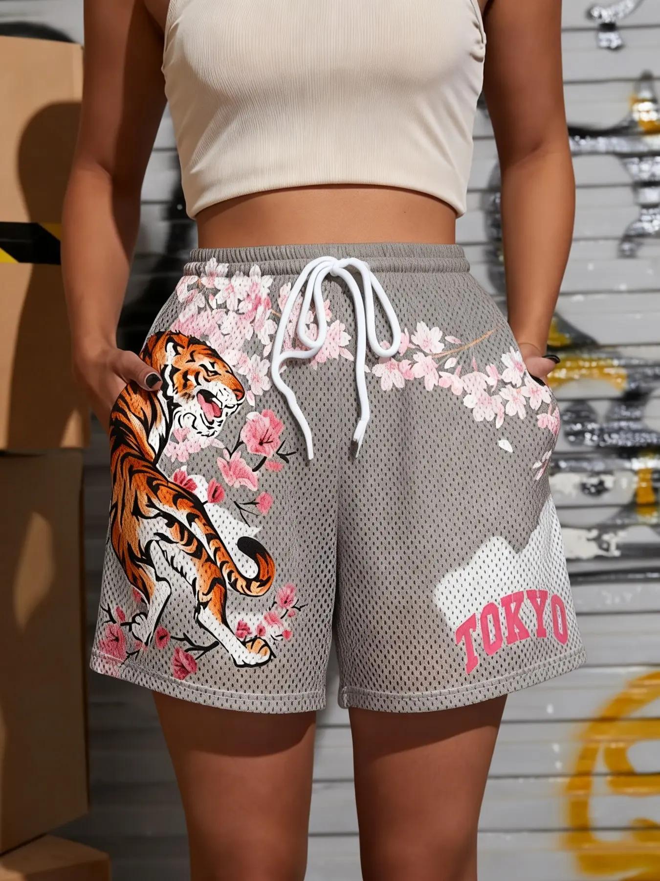 Shorts for Women Pink Mesh Tiger Cherry Blossom Print Elastic Drawstring Waist Shorts, Loose Relaxed Fit With Pockets, Tokyo Letter Graphic Breathable Summer Streetwear, Retro Vintage Women's Clothes For Daily Shopping Going-out Vacation