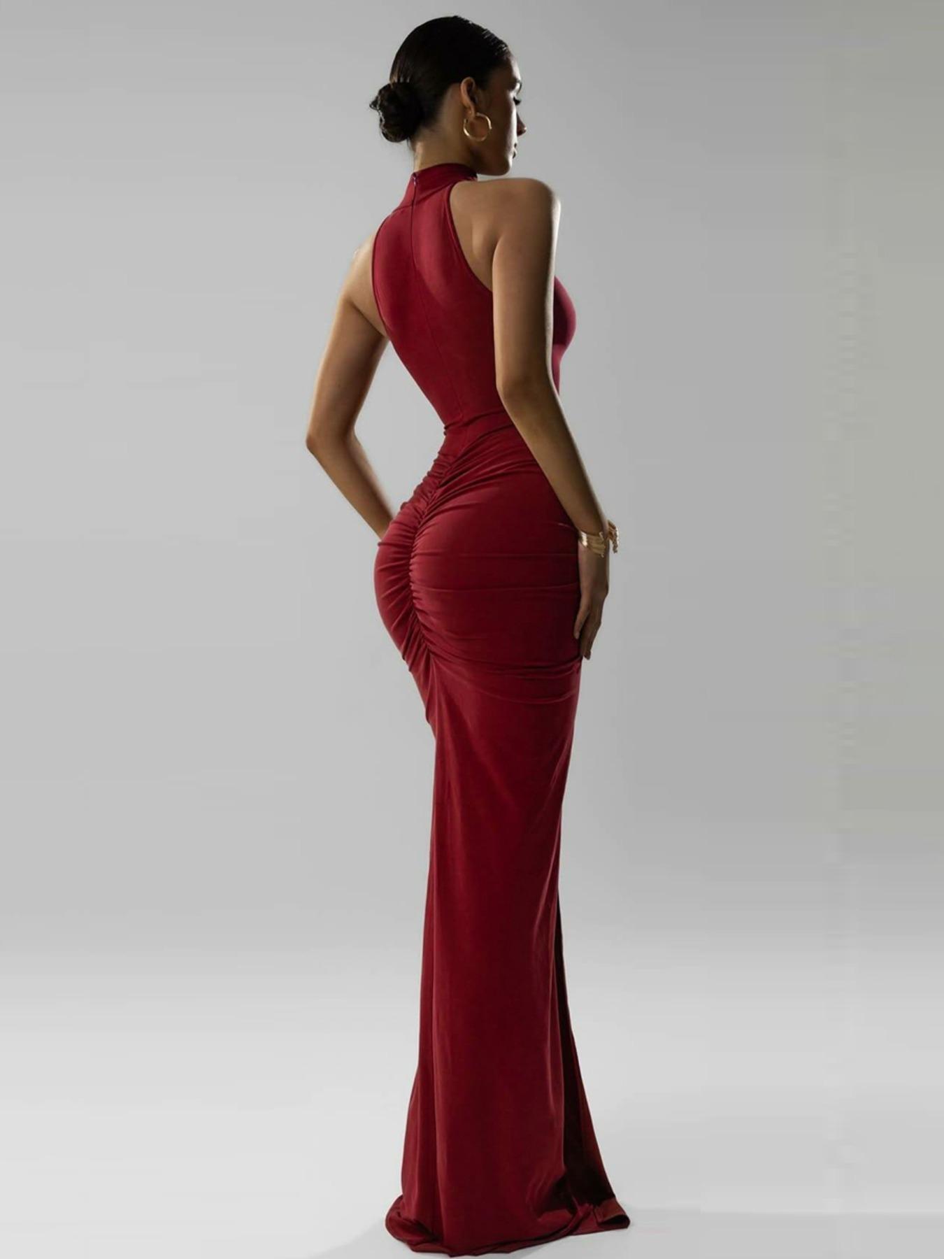 Women's Solid Ruched Halter Neck Bodycon Dress, Elegant Fashion Sleeveless Split Hem Dress for Party Club Dating Wear, Women Dress for Summer, Bodycon Side Slit