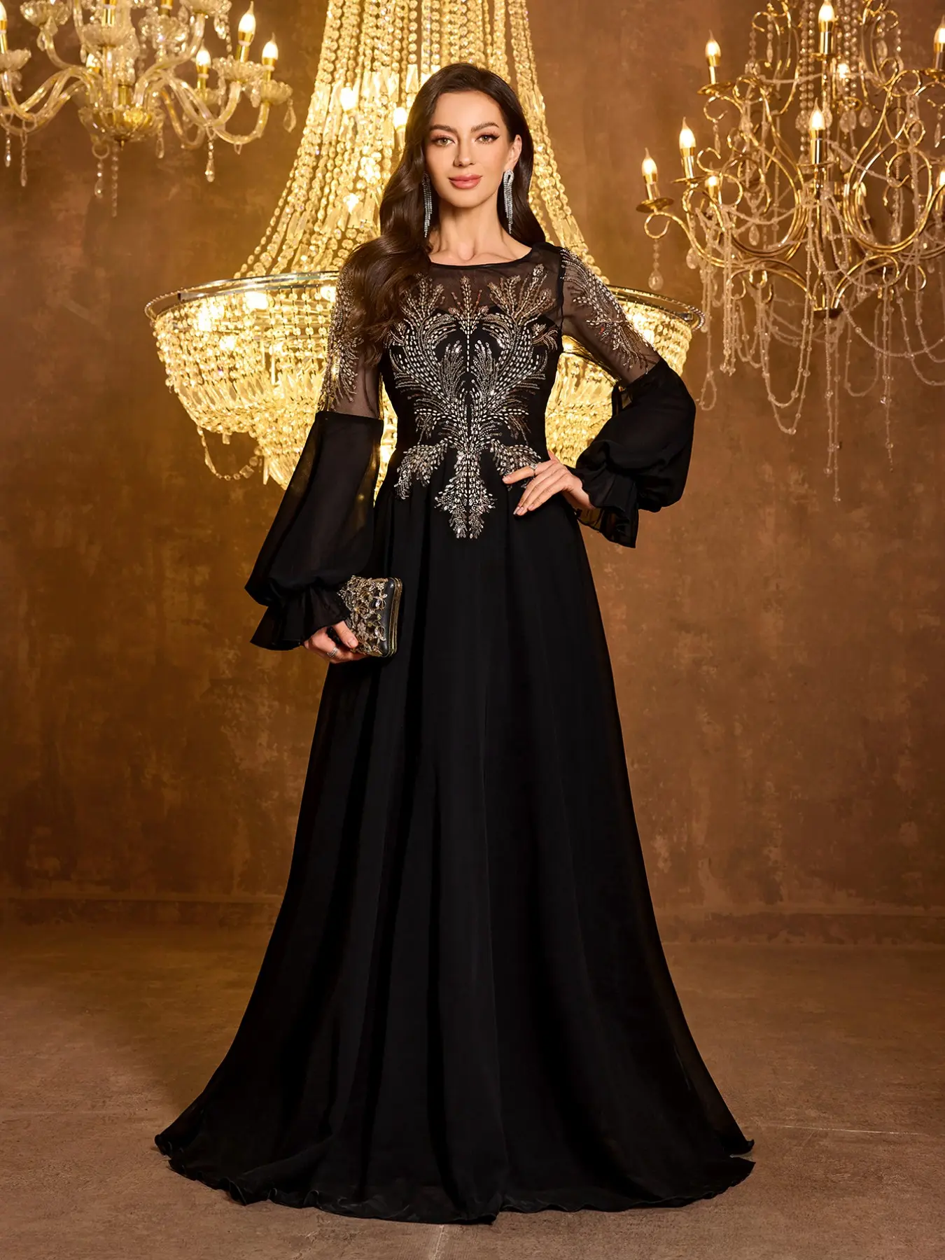 Round Neck Sequin Beaded Chiffon Dress, Long Sleeve Elegant Fitted Formal Evening Gown, Embellished Prom Gown, Luxurious Party Wear for All Seasons