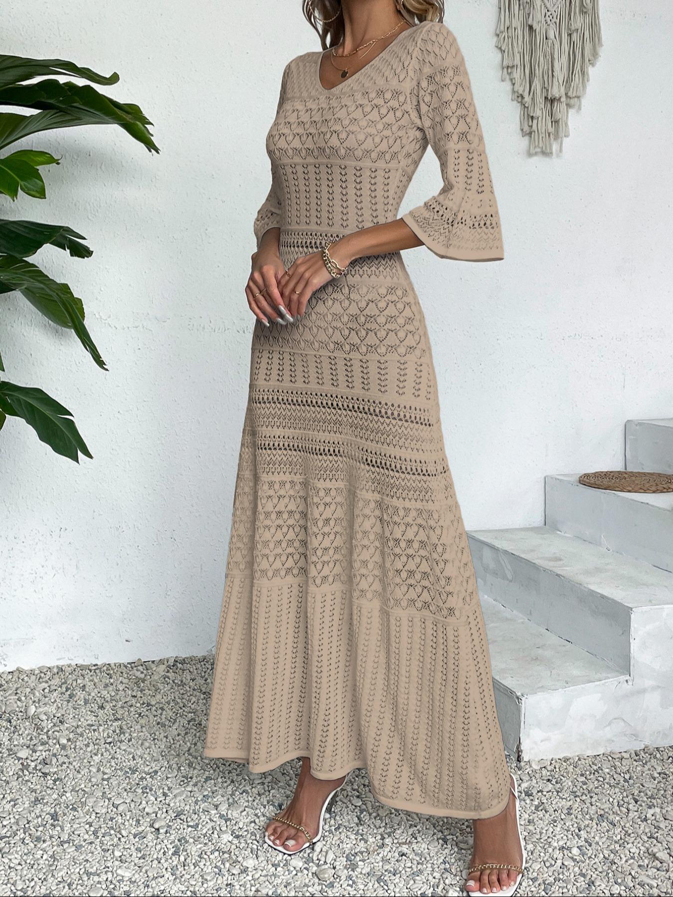 Elegant V-Neck Knit Dress, Hollow Out Design, Casual Fitted Long Skirt, Spring & Summer Beach Vacation Wear, Random Pattern, Lady Womenswear