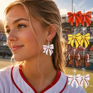 4 Pairs Game Day Sports Earrings for Women, Football Baseball Basketball Softball Bow Dangle Earrings, Cute Acrylic Team Spirit Jewelry, Viral Preppy Accessories for Tailgate, School Spirit & Tournament Outfit