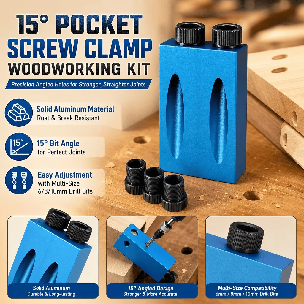 Pocket Hole Jig Kit 15° Double Bearing Quick-Change Drill Guide, Titanium Coated Countersink Step Drill, Self-Centering Anti-Slip Clamp for Furniture Joinery Perfect Joints, Industrial Precision Woodworking Locator