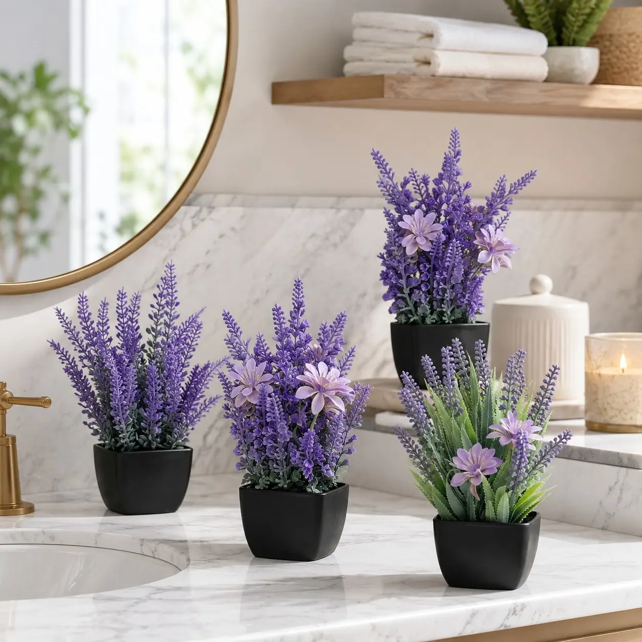 Artificial Lavender Potted Plants Purple Faux Flowers in Black Pots for Bathroom Shelf Desk Kitchen Table Centerpiece Wedding Party Vase Birthday Decoration Home Gift DIY Small Greenery Accent Spring Farmhouse Room Styling Set