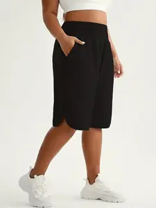 Plus Size Women's High Waist Loose Bermuda Shorts, Split Leg with Pockets, Elastic Five-Quarter Pants, Summer Casual Wear
