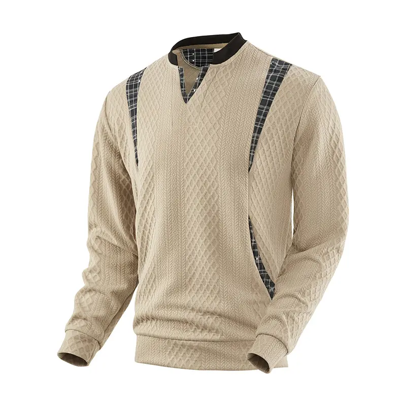 Men's Diamond Textured Polyester Knit Pullover Sweater - Casual Fitted Medium Length Long Sleeve with Plaid Spliced V-Neck Stand Collar, Multi-Size, Machine Washable Menswear Knitwear Tops, Machine Wash, Plaid Splices
