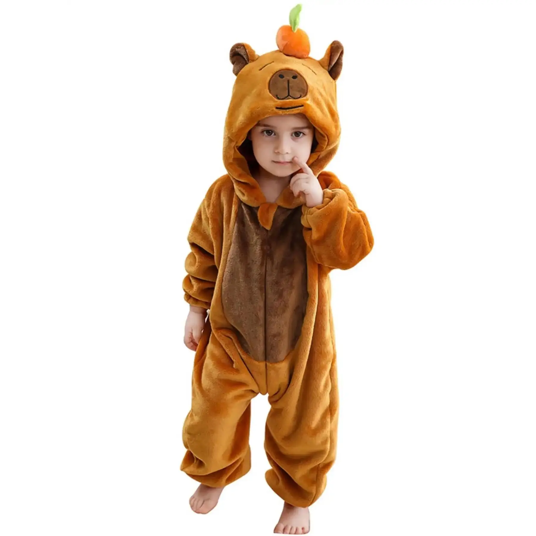 Unisex MD Babies-Toddlers Thick Flannel Capybara Hood Onesie Pajamas, Cute Animal Theme Winter Sleepwear, Loose-Fitting Kids' Sleep Set