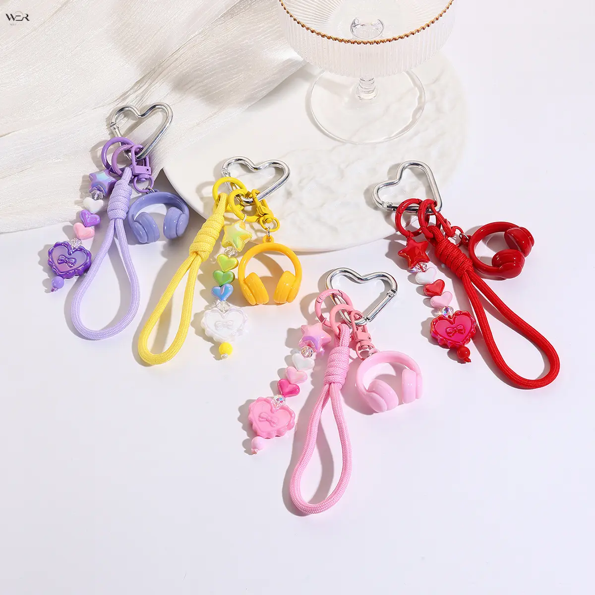 Y2K Cute Woven Rope Beaded Keychain, Multi-Color Floral Bow Air Balloon Headset Pendant, Adjustable Lobster Clasp Bag Purse Decorative Charm, Sweet Kawaii Small Holiday Birthday Gift for Teen Girls Young Women