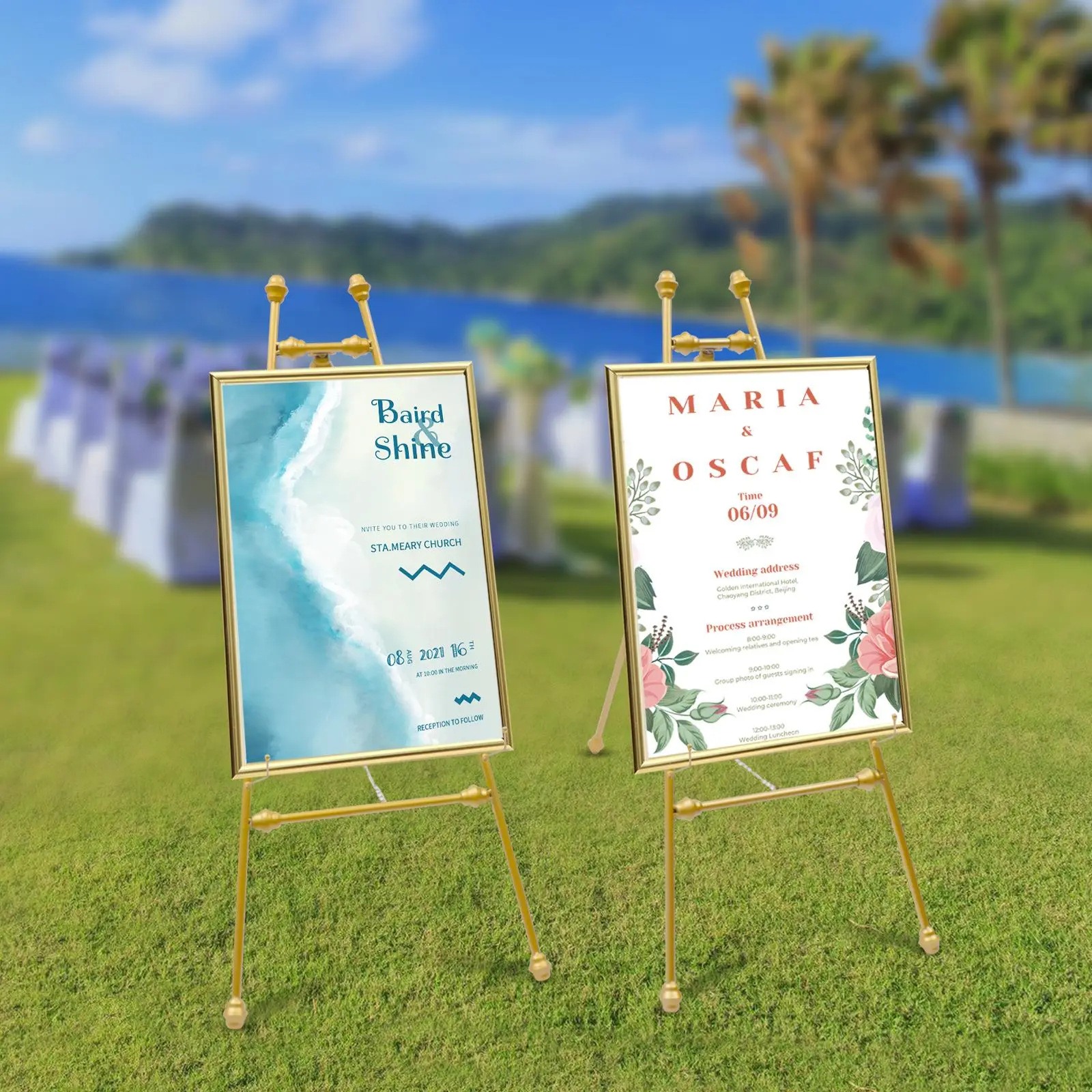 Elegant 2-Piece A-Shaped Iron Frame Floor Easel Stand, Adjustable Tilt Geometric Decor with Fixed Hook, Anti-Slip Foot Pads, Gold for Wedding Display Signs (Home & Festive Party Backdrop/Banner Supplies)
