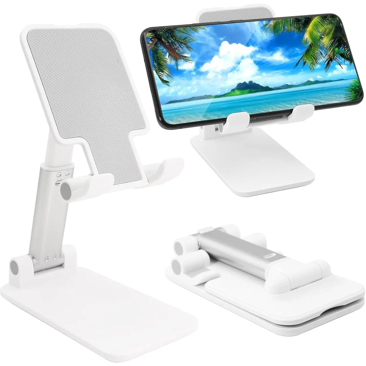 Cell Phone Stand, Folding Desktop Phone Stand, Angle Height Adjustable Mobile Phone Holder for Desk, Office, Tablet Stand Compatible with  Phones 4-10 Inches Cell Phone/Tablet (White)