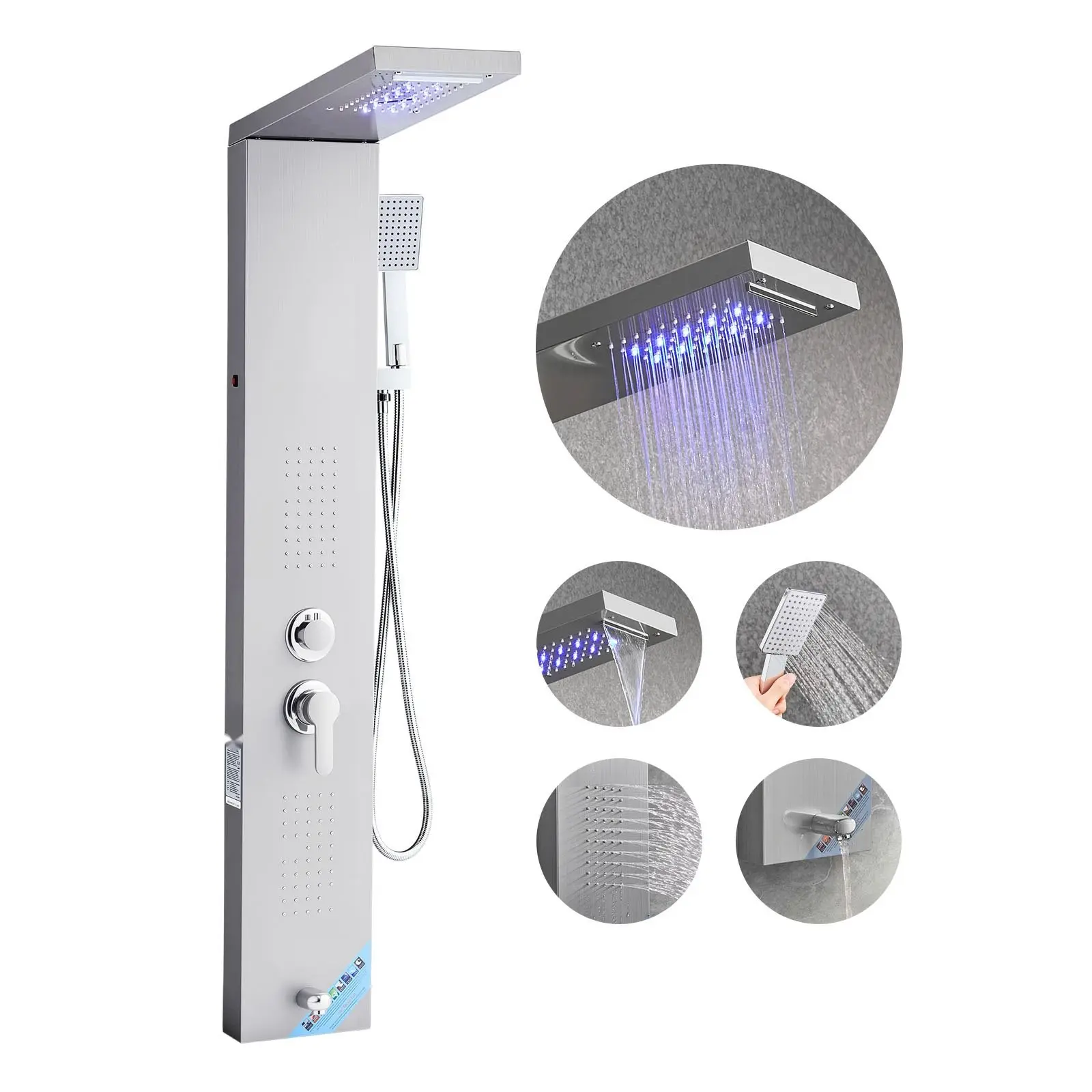 Stainless Steel Shower Panel Tower System With Rainfall And Waterfall Shower Head, 5 Modes, Adjustable Water Pressure, Wall-Mounted Column Fixture, Modern Bathroom Spa Upgrade, Easy Installation, Durable Nickel Finish