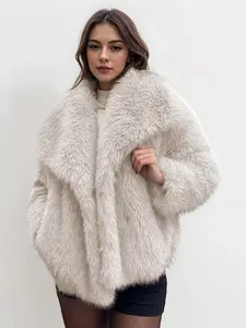Women's Luxurious Oversize Solid Color Wide Lapel Snap Closure Fuzzy Thermal Outerwear, Fall & Winter Long Sleeve Outerwear, Faux Fur Jackets, Coats