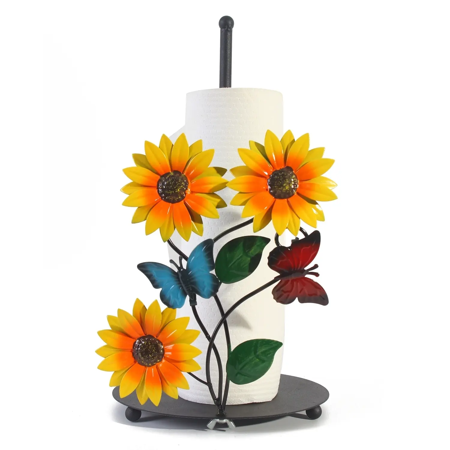 Metal Sunflower Butterfly Paper Towel Holder Countertop, Freestanding Decorative Kitchen Paper Roll Dispenser, Farmhouse Rustic Tissue Stand for Kitchen Counter Decor
