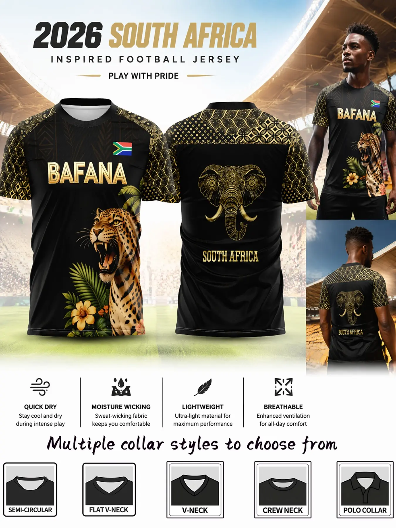 South Africa Fan Jersey, Indigenous Tribal Print, Leopard Pattern, Breathable Sportswear, Short Sleeve, All Seasons, Street Fashion