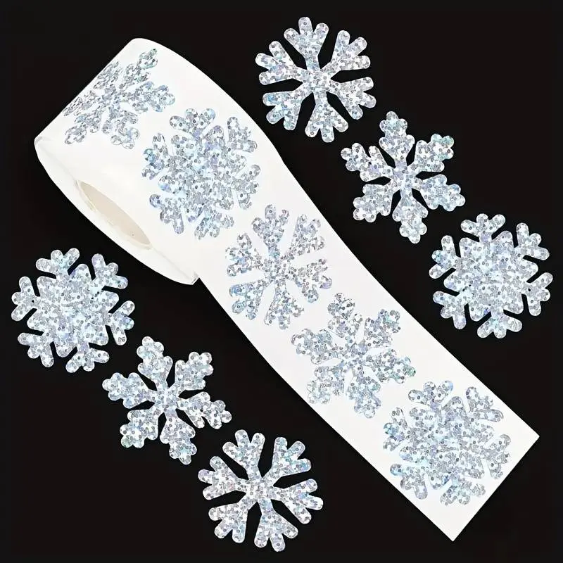 500 Winter Snowflake Laser Stickers Roll, Perfect for Laptops, Suitcases, Envelopes, Mugs, Scrapbooks, Gifts, Christmas Party Decorations