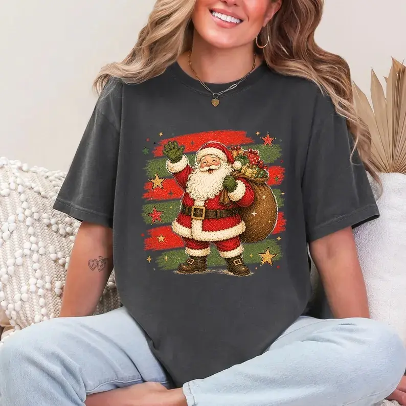 Striped Santa Claus Shirt, Retro Christmas T-Shirt, Vintage Holiday Shirt, Xmas Festive Shirt, Merry Christmas Santa Shirt