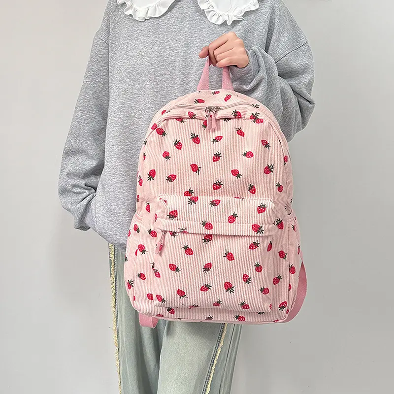 Corduroy Cute Strawberry Backpack For College Students, Sweet And Trendy Girl Travel Small Backpack