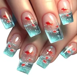 Women's 24pcs Nail Art Set Ocean Series Long Press-On Nails Hand-Painted Underwater World Mixed Color Blue Square with Gradient Sea Flower Fish Design, Reusable and Removable Fake Nails